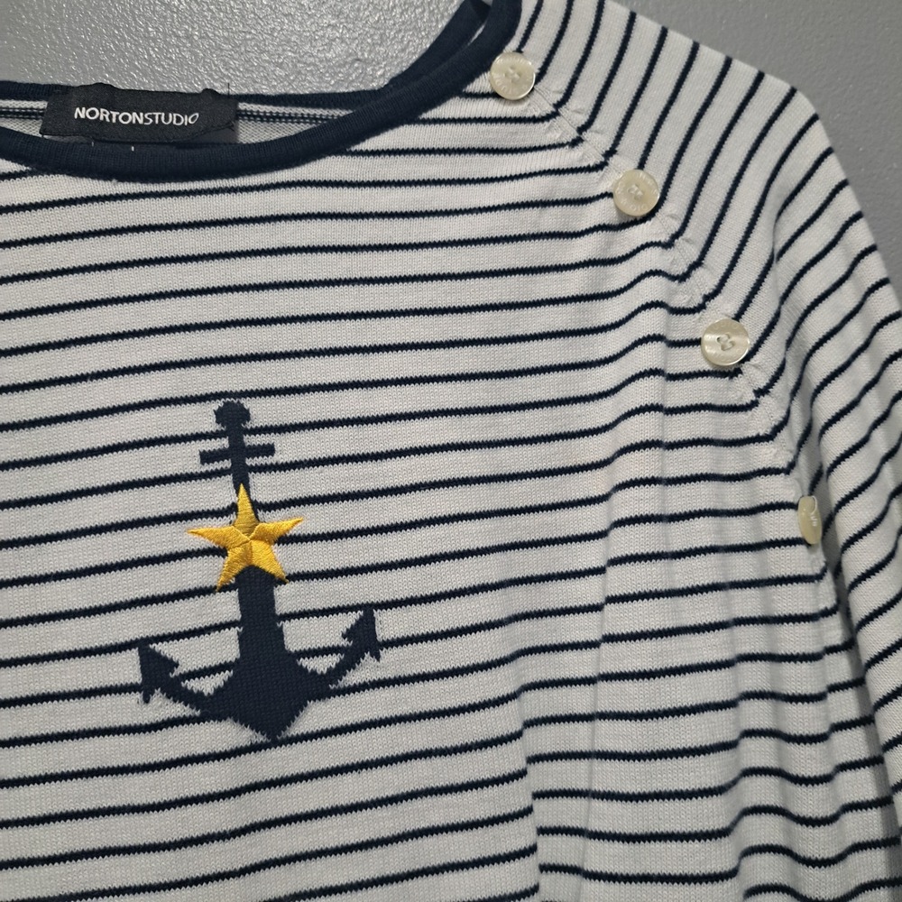 Norton Studio Womens Nautical Stripe Anchor Sweater Navy White Button Shoulder L - Picture 4 of 4